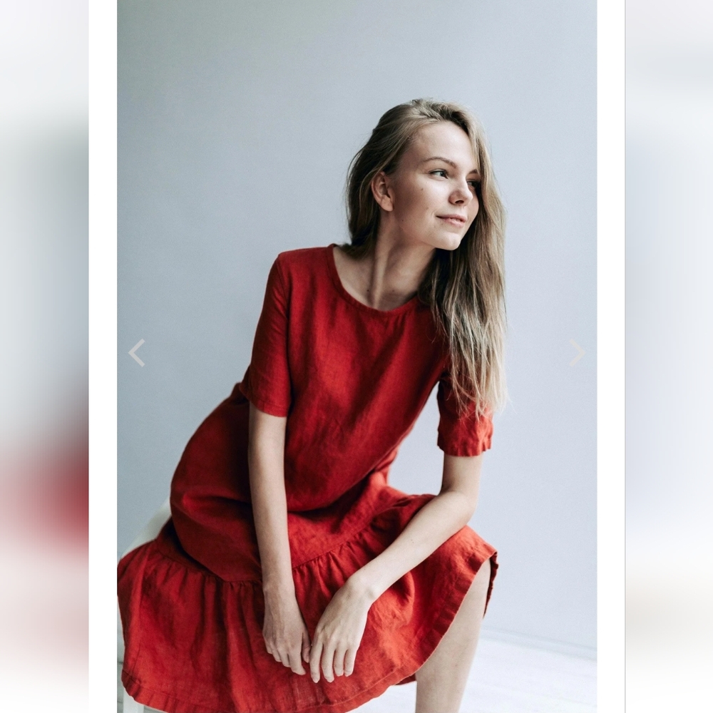 Linenbee Burgundy Juliana Drop Waist Tiered Linen Dress - S View 2